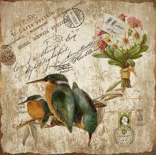 欧式花鸟装饰画素材: 翠鸟和花