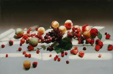 超写实静物油画素材: 草莓,苹果,葡萄和李子