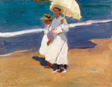 索罗拉油画: 海滩上打伞的母女