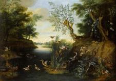 A wooded landscape with travellers at rest