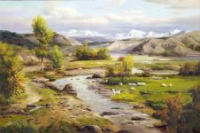 小溪边的羊群油画欣赏