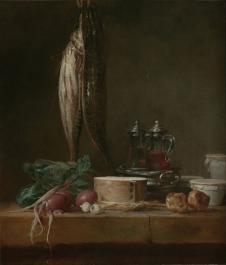 夏尔丹油画静物: 面包,青菜和鱼油画欣赏