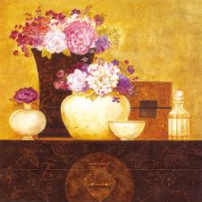欧式三联古典花卉装饰画素材: 桌子上的盆花 A