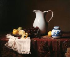 白瓷瓶和水果古典油画欣赏