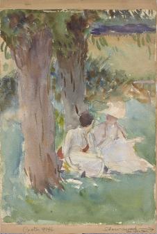 萨金特水彩画作品: 坐在树下的两个女人