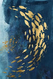 两联晶瓷画素材: 蓝色海底游玩的金色鱼群 B