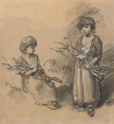 庚斯博罗素描作品: 拾树枝的两个小女孩素描欣赏