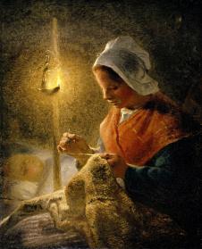 米勒油画作品: 烛光下的《缝衣女》